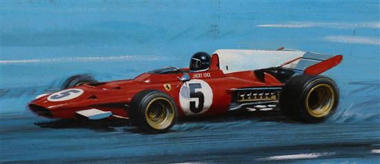 Tony Smith, oil on board, Jacky Ickx Ferrari, signed and dated 72, 34 x 75cm